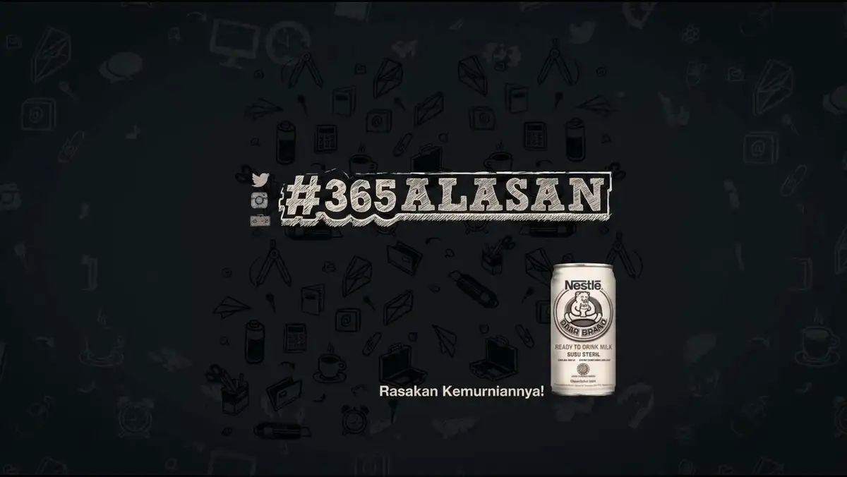 Bear Brand 365 Alasan campaign visual in motion, scribbled doodles drifting behind the #365ALASAN logo and Bear Brand can
