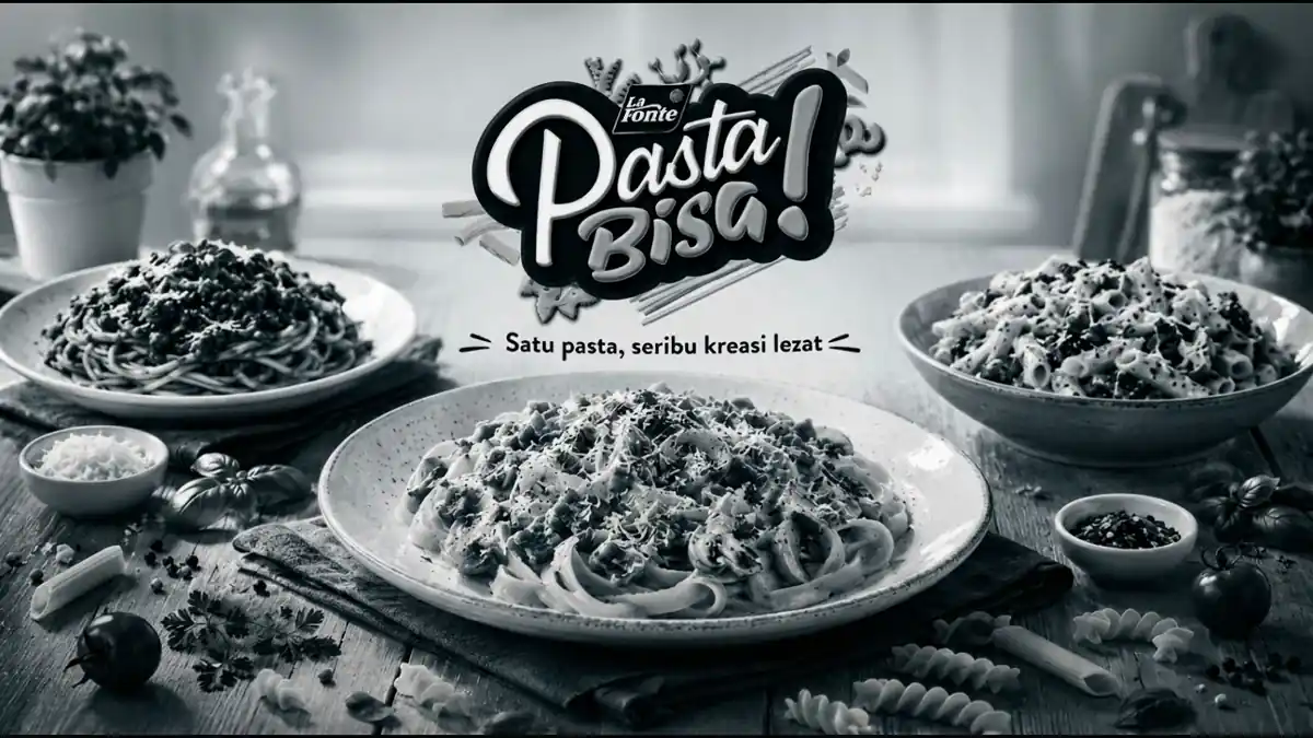La Fonte Pasta Bisa campaign visual in motion, three plated pasta dishes with steam rising off the central plate, dark monochrome