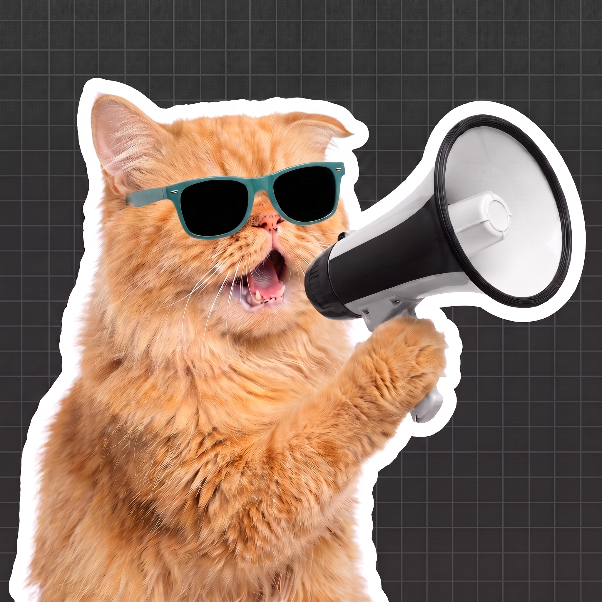 Ipil the orange cat shouting into a megaphone, teal sunglasses