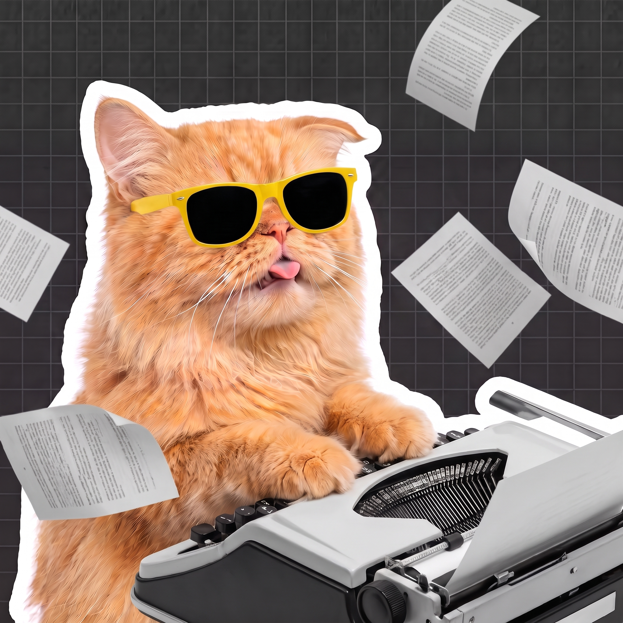 Ipil the orange cat typing on a vintage typewriter with papers flying, yellow sunglasses