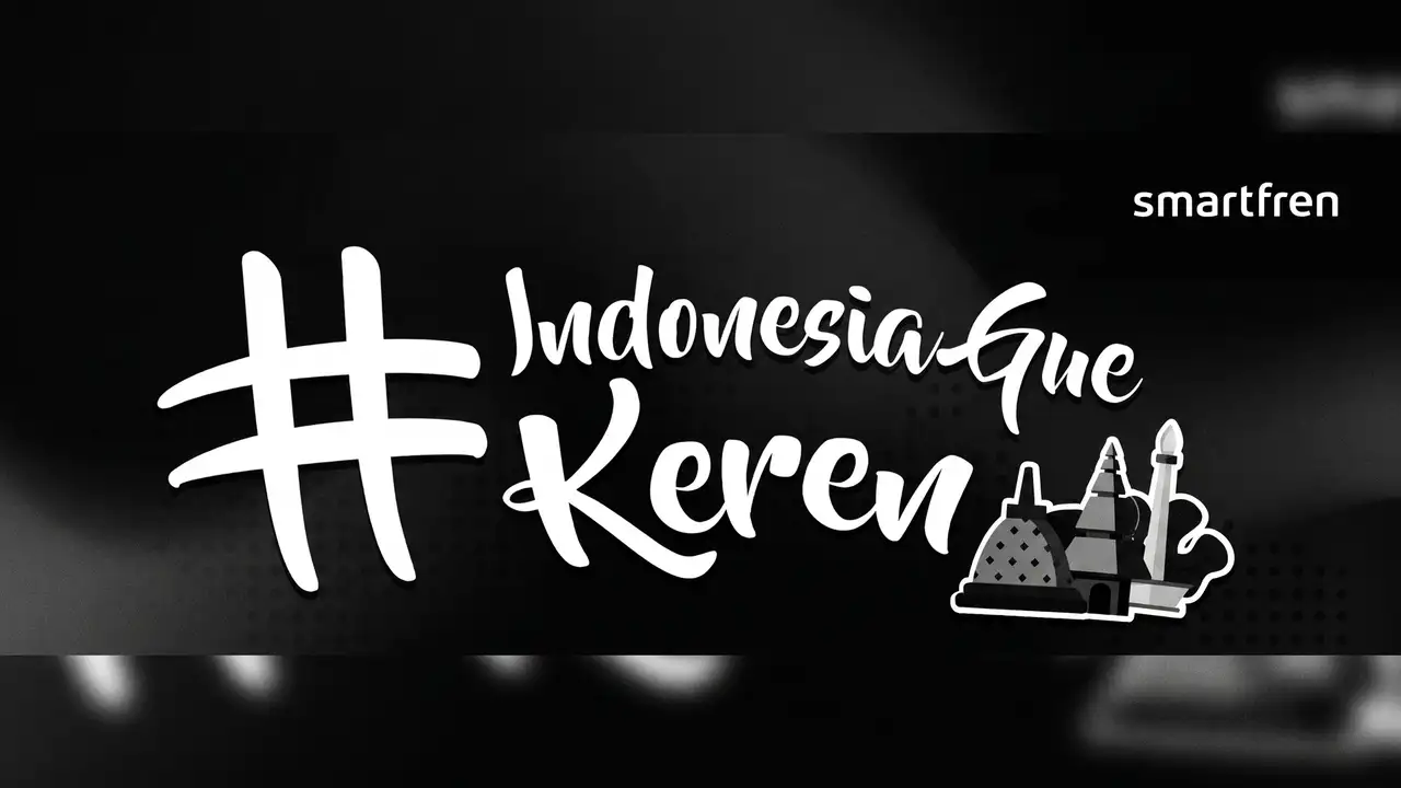 The #IndonesiaGueKeren hashtag lockup in dark monochrome, slow drifting zoom